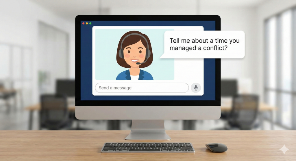 A desktop computer monitor displays a chat interface with a female cartoon avatar in a headset. A speech bubble from the avatar asks the question, "Tell me about a time you managed a conflict?"