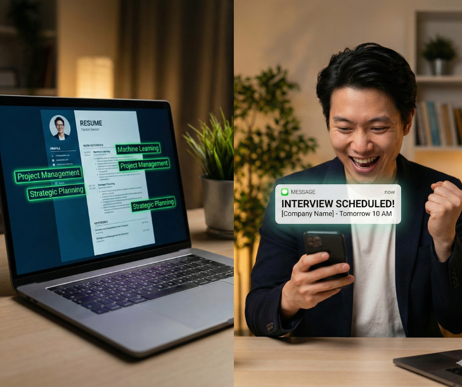 A split-screen photograph showing a resume on a laptop with keywords like "Machine Learning" and "Project Management" highlighted, and a happy man on the right looking at his phone with an "INTERVIEW SCHEDULED!" notification.