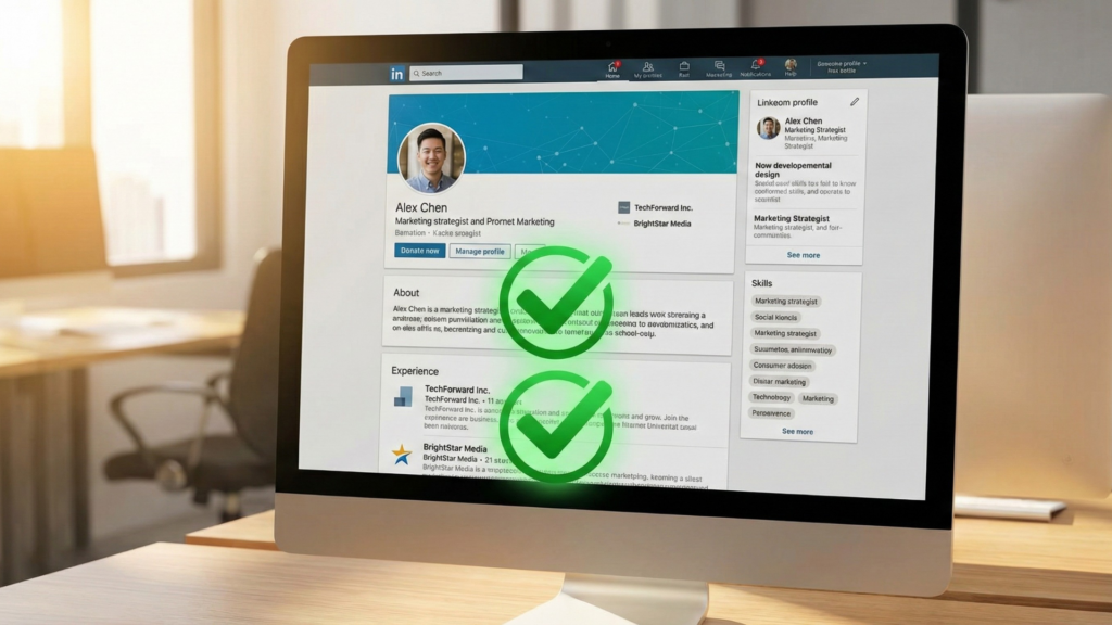 A desktop computer screen displays the LinkedIn profile of "Alex Chen," with two large, glowing green checkmark icons superimposed over the "About" and "Experience" sections.